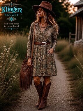 Alex Marie Green and brown  Paisley long sleeve dress